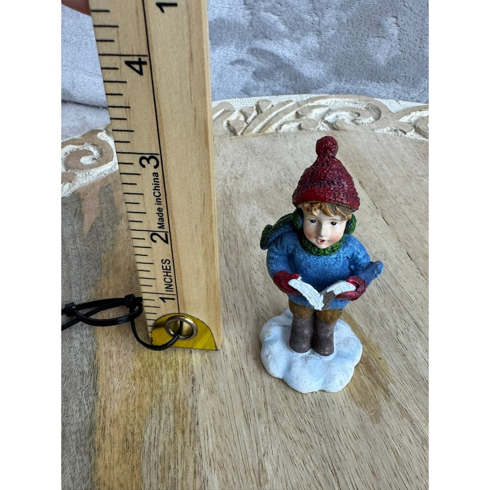 Vintage Style Resin Boy Christmas Caroler Figurine Blue Sweater Red Hat 3 Inch